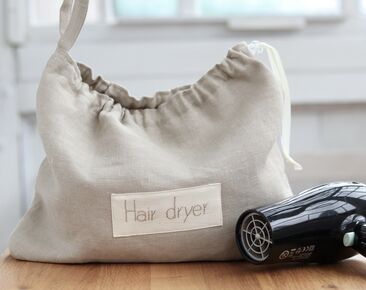 Personalized Beige linen Hair dryer bag for hotel bathroom or Beach house