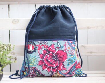 Small Linen navy blue Backpack with Zippered Pocket Drawstring Backpack for Her with cotton oriental flower