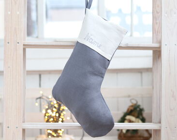 Gray linen Christmas stocking with name, personalized minimalistic xmas decor