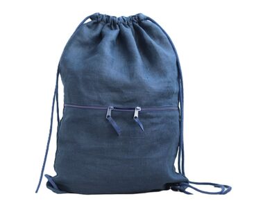 Navy blue Linen Drawstring city backpack medium size for man or woman with pocket