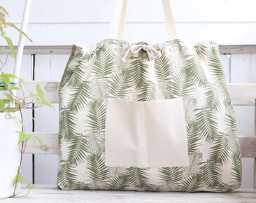 Large Beach bag cotton fabric, Green Leaves pattern Utility tote, Simple casual bag with pockets for work 