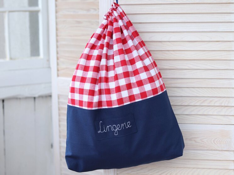 Red And White Checkered Travel Laundry Bag With Navy Blue Bottom