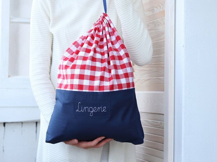 Red And White Checkered Travel Laundry Bag With Navy Blue Bottom