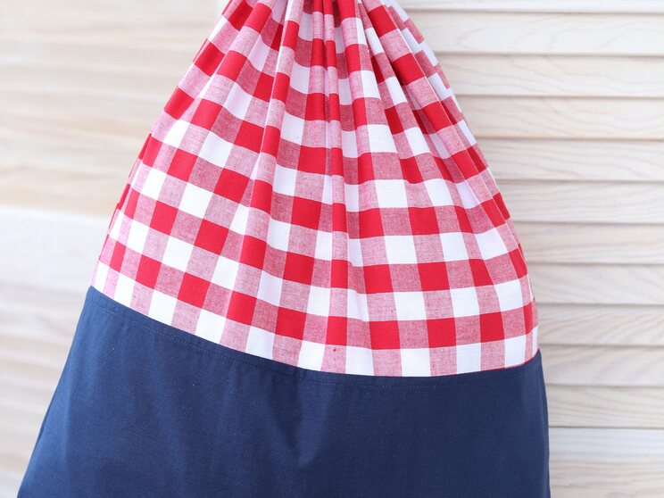 Red And White Checkered Travel Laundry Bag With Navy Blue Bottom