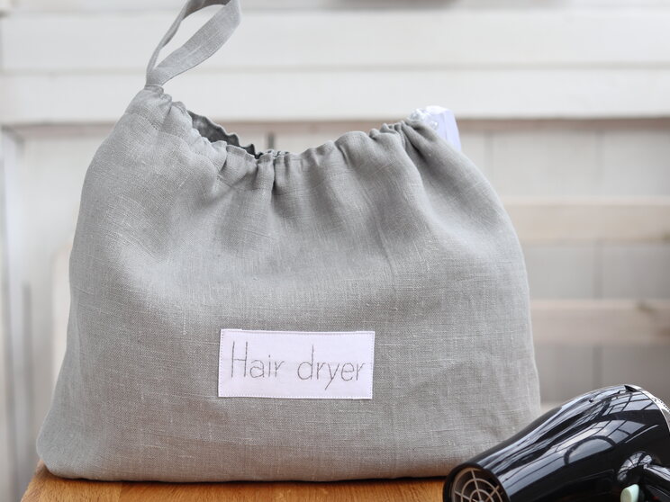 Grey Linen Hair Dryer Bag For Beach House, Airbnb Blow Dryer Holder, Hotel Bathroom Hairdryer Organizer, Hair