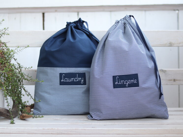 Zero Waste Navy Blue Travel Laundry Bag With Personalized Custom Label