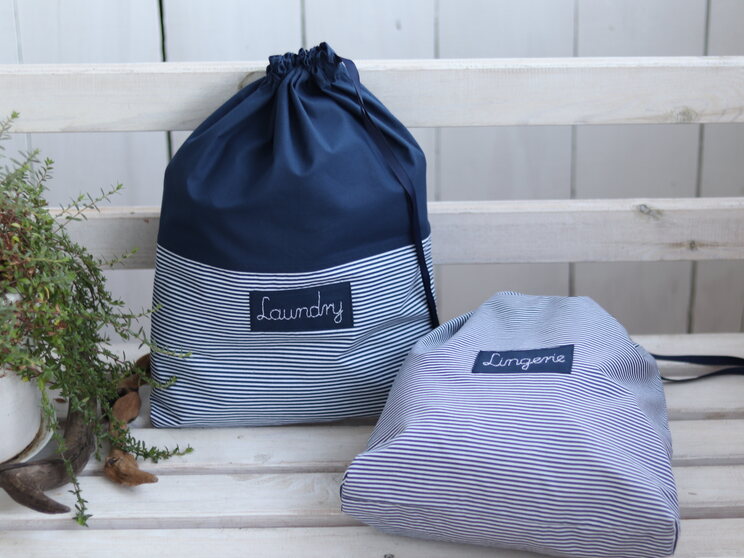 Zero Waste Navy Blue Travel Laundry Bag With Personalized Custom Label