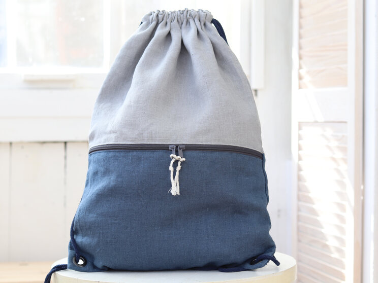 Blue Gray Linen Backpack With Zippered Pocket Elegant Travel Gift