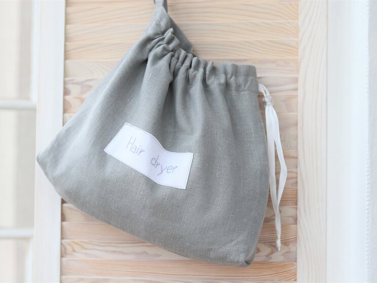 Grey Linen Hair Dryer Bag For Beach House, Airbnb Blow Dryer Holder, Hotel Bathroom Hairdryer Organizer, Hair