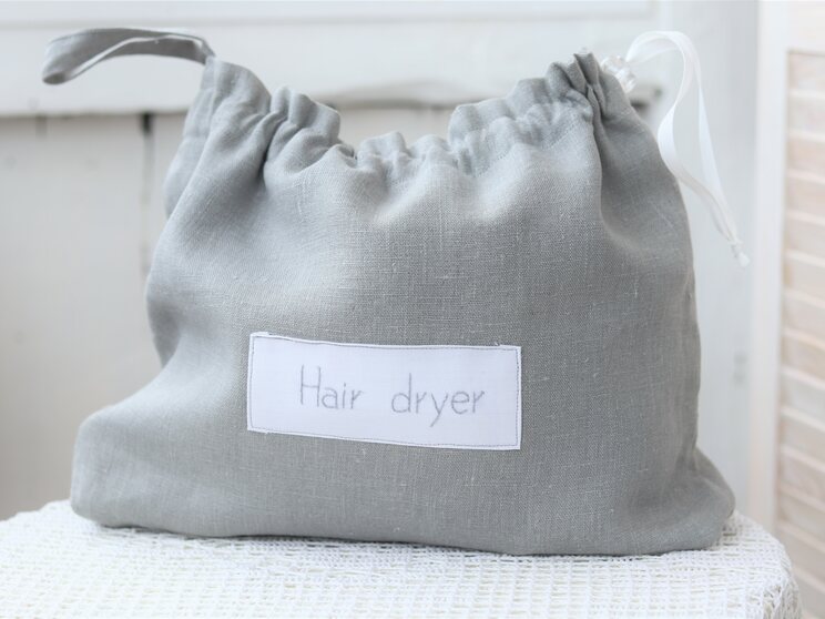 Grey Linen Hair Dryer Bag For Beach House, Airbnb Blow Dryer Holder, Hotel Bathroom Hairdryer Organizer, Hair