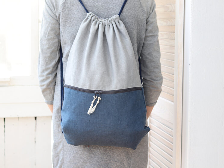 Blue Gray Linen Backpack With Zippered Pocket Elegant Travel Gift