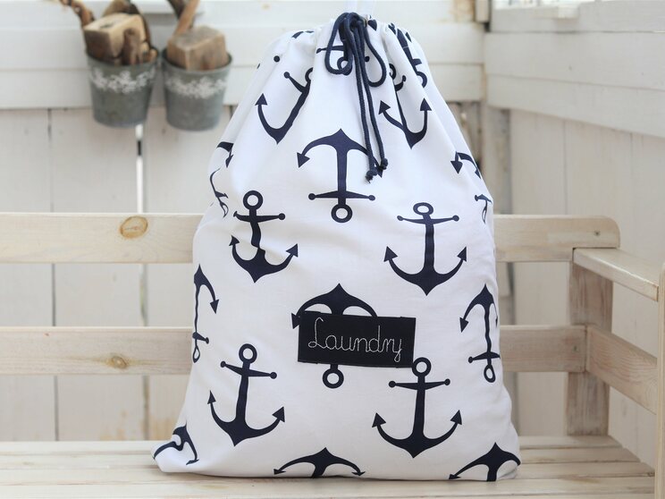 Borsa Per La Biancheria Personalizzata Per Il Campo O Lo Yacht, Cesto Per La Biancheria Con Ancora Blu Navy Per Il