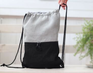 Linen black gray backpack with pocket, Lightweight travel gift for her or him 50x36cm ~ 19.7" x 14"