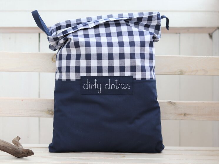 Navy Blue Checkered Pattern Travel Laundry Bag With Custom Label