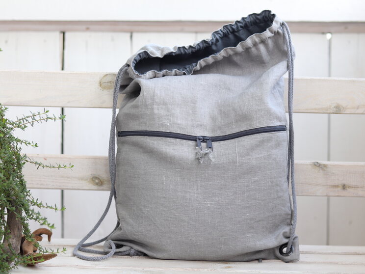 Gray Linen Backpack With Zippered Pocket Lightweight Travel Gift Drawstring Minimalist Backpack Medium Size