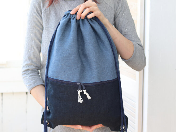 Handmade Navy Blue Linen Small Backpack With Zippered Pocket