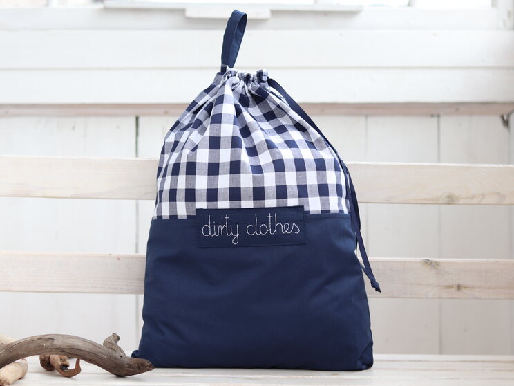 Navy Blue Checkered Pattern Travel Laundry Bag With Custom Label