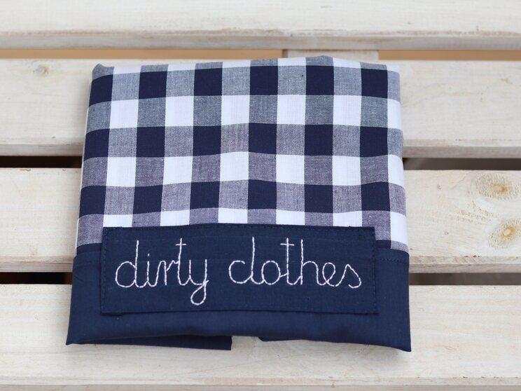 Navy Blue Checkered Pattern Travel Laundry Bag With Custom Label