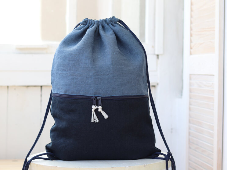 Handmade Navy Blue Linen Small Backpack With Zippered Pocket