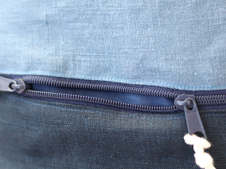 Handmade Navy Blue Linen Small Backpack With Zippered Pocket