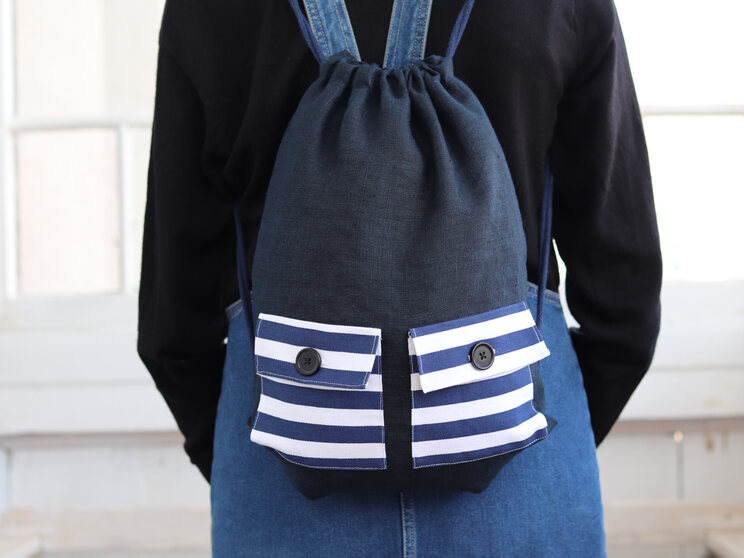 Linen Backpack With Pockets For Kids, Cute Lightweight Travel Gift For Teens, Navy Blue Linen Backpack With Lining 40x30