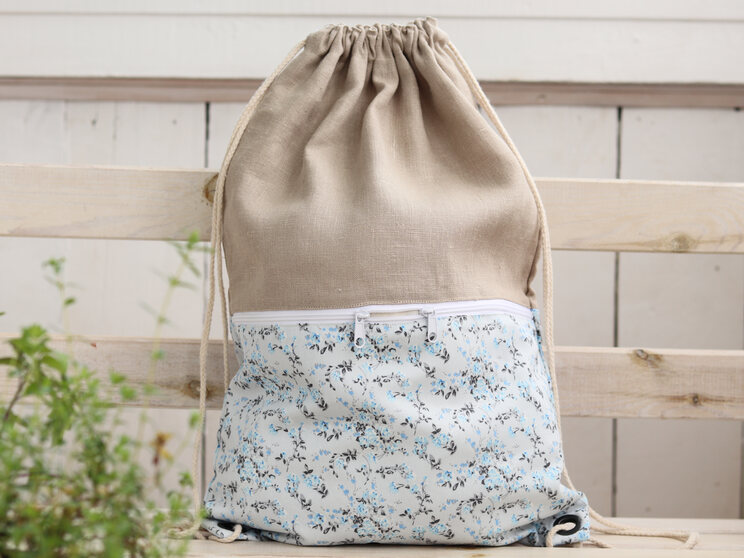 Linen Backpack With Zippered Pocket, Cotton Lightweight Travel Gift For Her, Drawstring Floral Backpack For Woman,