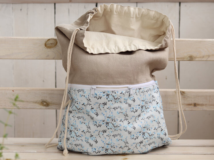 Linen Backpack With Zippered Pocket, Cotton Lightweight Travel Gift For Her, Drawstring Floral Backpack For Woman,