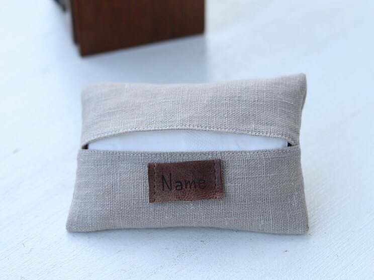 Personalized Beige Linen Travel Tissue Holder, Elegant 50th Birthday Idea Gift For Mom Or Wedding Gift