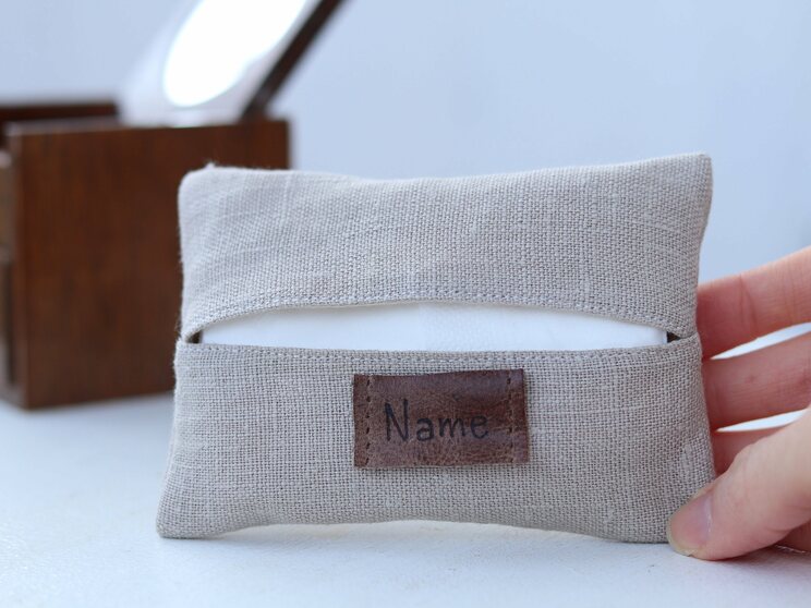 Personalized Beige Linen Travel Tissue Holder, Elegant 50th Birthday Idea Gift For Mom Or Wedding Gift