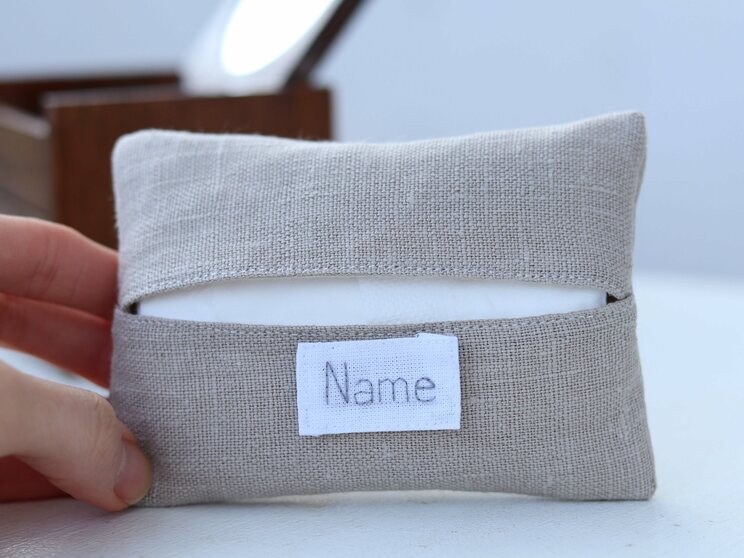 Personalized Beige Linen Travel Tissue Holder, Elegant 50th Birthday Idea Gift For Mom Or Wedding Gift