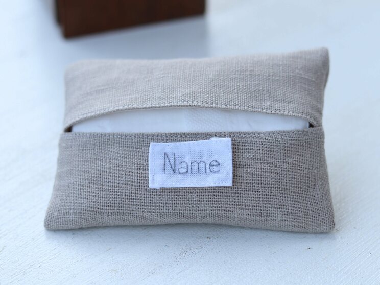 Personalized Beige Linen Travel Tissue Holder, Elegant 50th Birthday Idea Gift For Mom Or Wedding Gift