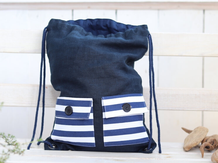 Linen Backpack With Pockets For Kids, Cute Lightweight Travel Gift For Teens, Navy Blue Linen Backpack With Lining 40x30