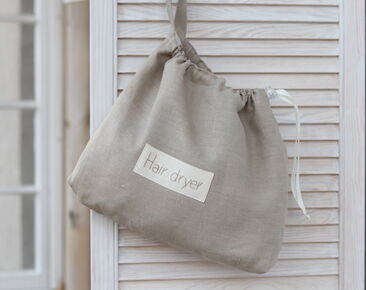 Bolsa secadora de pelo de lino beige personalizada para baño de hotel o casa de playa
