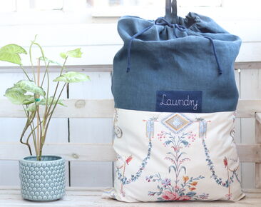 Extra large Blue Linen laundry bag with name, Oriental flower Laundry hamper