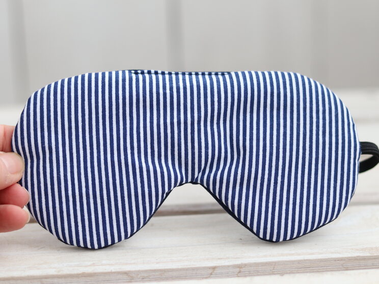 Vertical Stripes Adjustable Sleeping Eye Mask, Navy Blue Organic Cotton Eye Cover For Travel