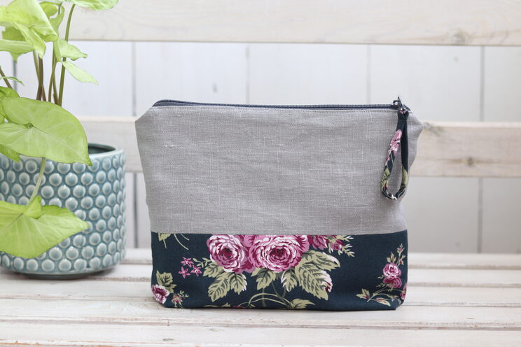 Cute Gift For Her Gray Linen Cosmetic Bag With Zipper Also Makeup Pouch 