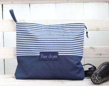 Personalized Hair dryer bag, navy blue blow dryer holder, hair dryer organizer, flannel lining