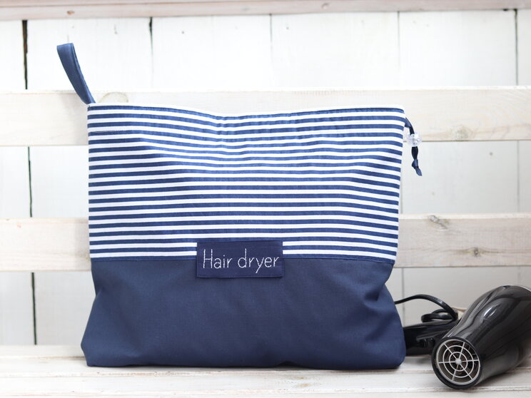 Personalized Hair Dryer Bag, Navy Blue Blow Dryer Holder, Hair Dryer Organizer, Flannel Lining