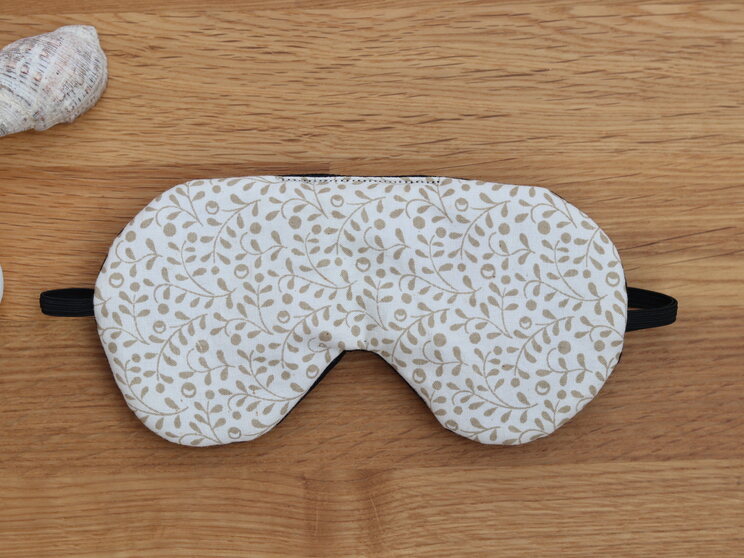 Beige Soft Sleeping Eye Cover, Adjustable Organic Eye Mask, Floral Cotton Travel Gift