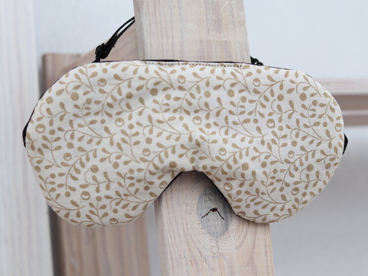 Beige Soft Sleeping Eye Cover, Adjustable Organic Eye Mask, Floral Cotton Travel Gift