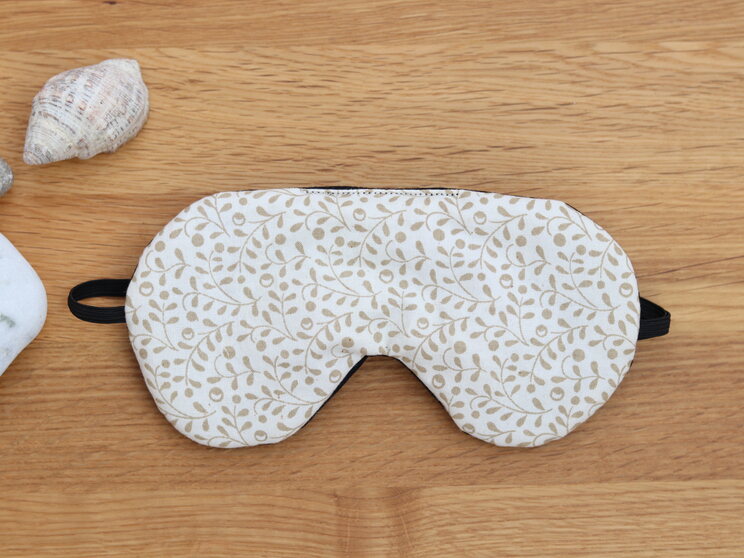 Beige Soft Sleeping Eye Cover, Adjustable Organic Eye Mask, Floral Cotton Travel Gift