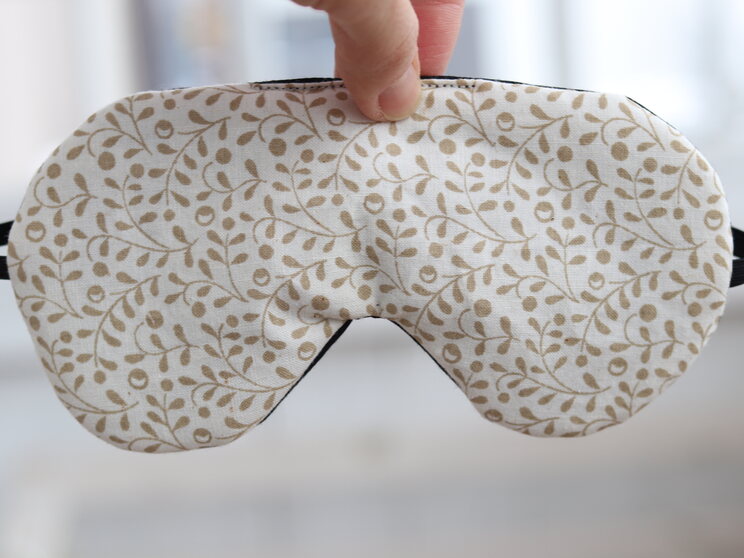 Beige Soft Sleeping Eye Cover, Adjustable Organic Eye Mask, Floral Cotton Travel Gift