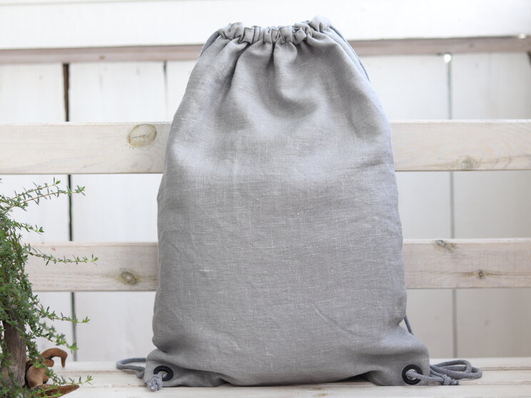 Gray Linen Backpack With Zippered Pocket Lightweight Travel Gift Drawstring Minimalist Backpack Medium Size